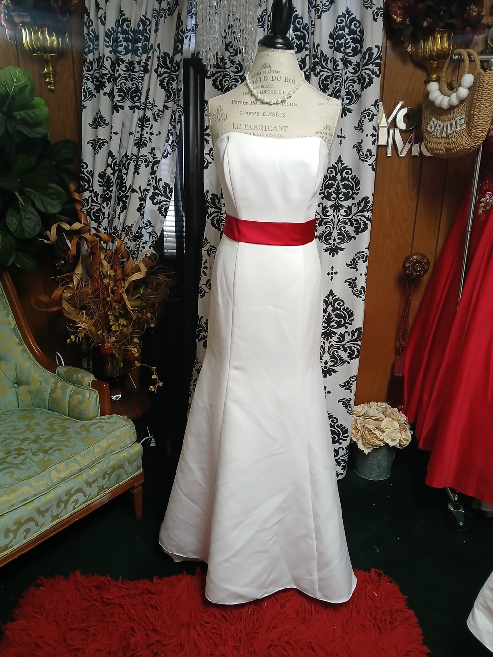 David's Bridal Strapless White Satin Gown with Red Sash